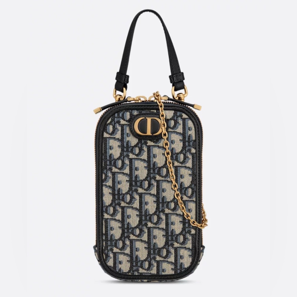 Christian Dior 30 Montaigne Onlique Phone Holder on Chain Canvas Blue Gold